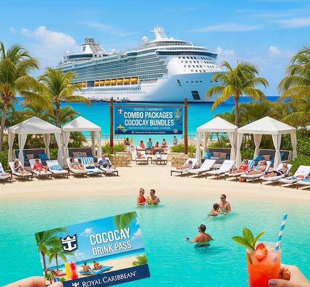 Drink Passes & CocoCay Bundles, drink, water, people relaxing, cruise ship rccl in the background