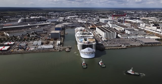 Float out on royal caribbean cruise line ship leaving dock for the first time