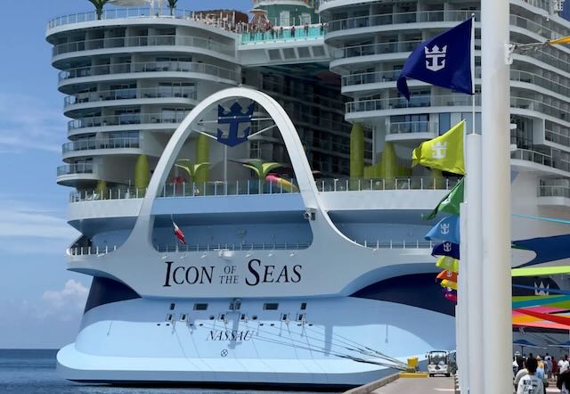 Icon of the Seas aft docked at Coco Cay royal caribbean