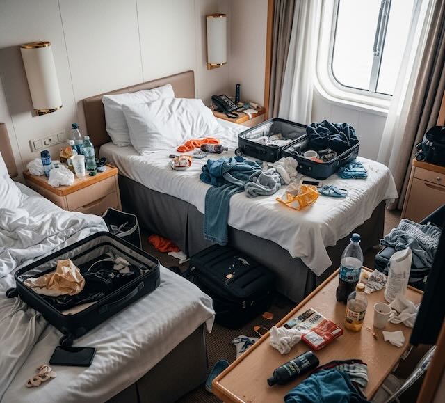 picture of a super messy cabin on a royal caribbean ship
