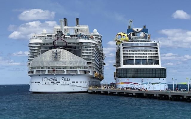 Odyssey and Wonder of the seas parked at Coco Cay Beach Bahamas perfect day