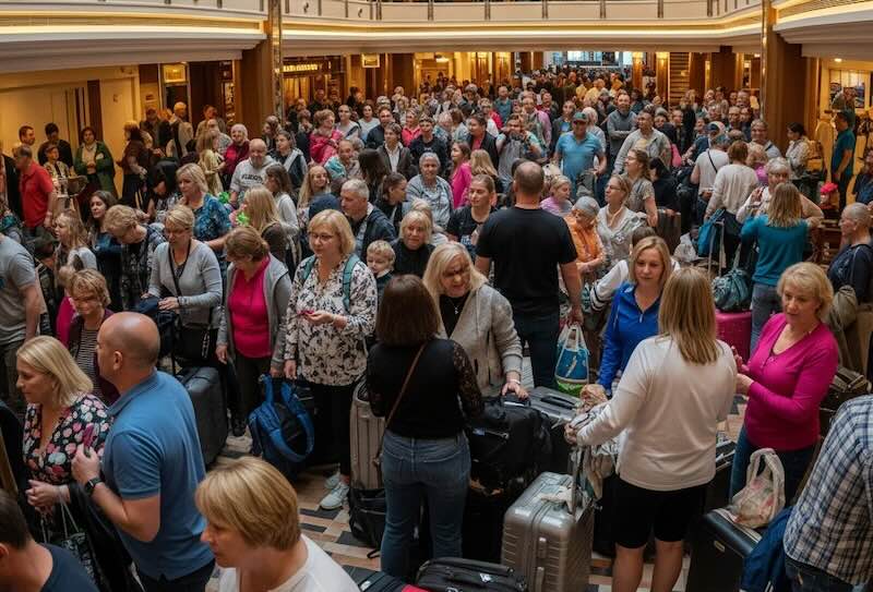 People crowding the atrium on a cruise ship on disembarkation day