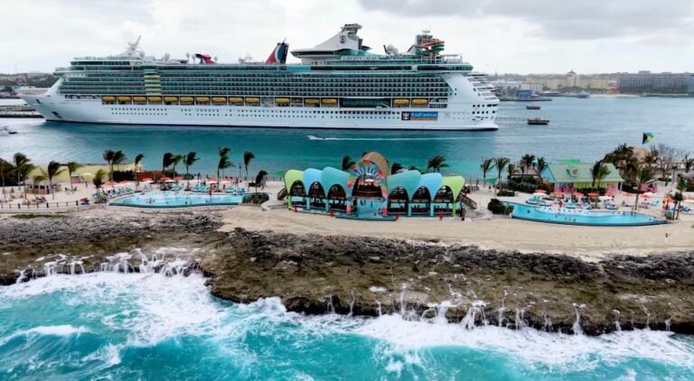 Royal Caribbean cruise ship docked off Royal Beach Club Paradise Island