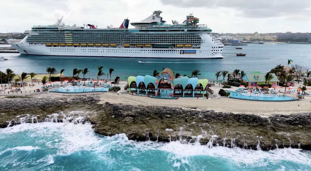 Royal Caribbean cruise ship docked off Royal Beach Club Paradise Island