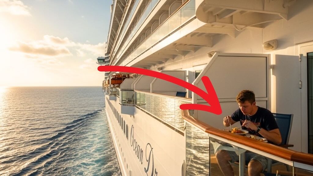 Man sitting on his balcony on a cruise ship doing something he shouldnt be doing in the sunset eating something