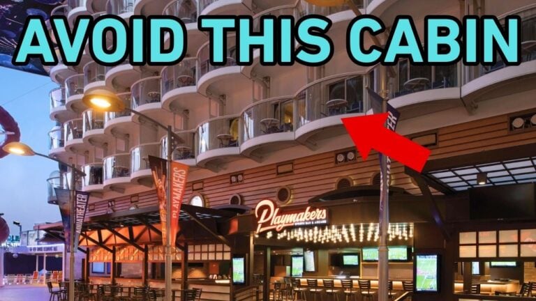 Picture of Utopia of the Seas Cabins to Avoid with red arrow pointing at a cabin above playmakers that you need to avoid