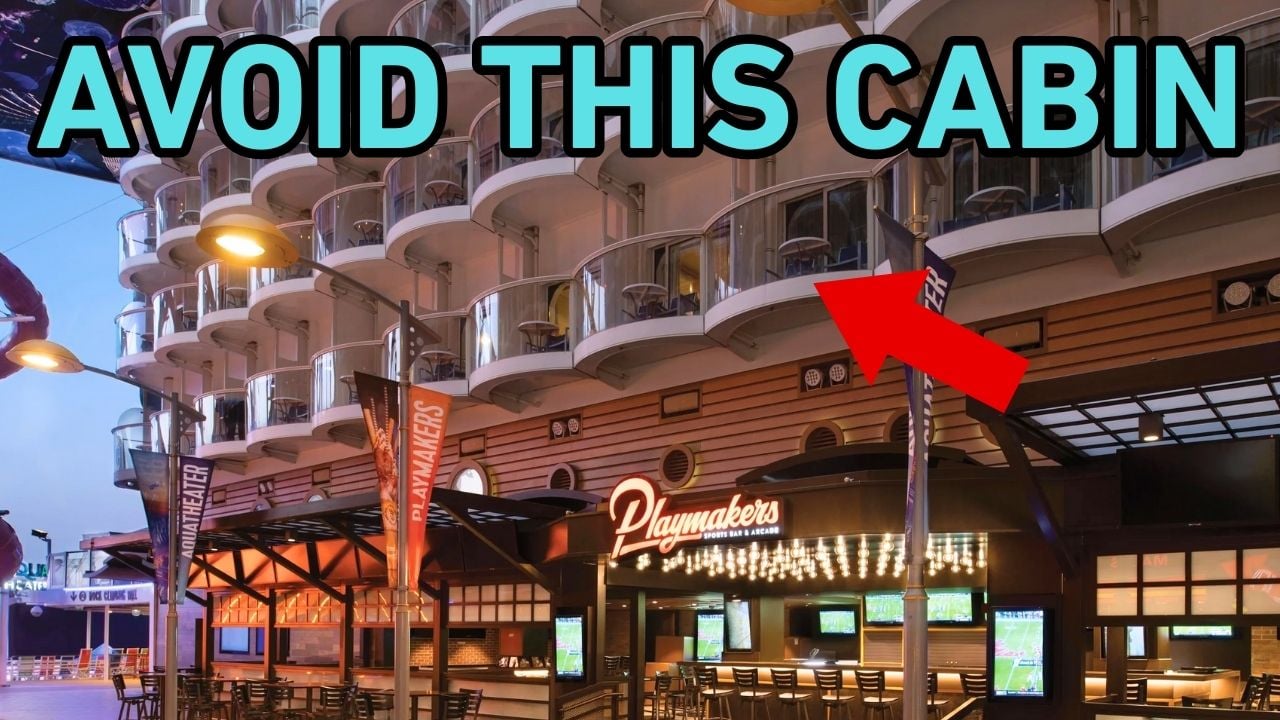 Picture of Utopia of the Seas Cabins to Avoid with red arrow pointing at a cabin above playmakers that you need to avoid