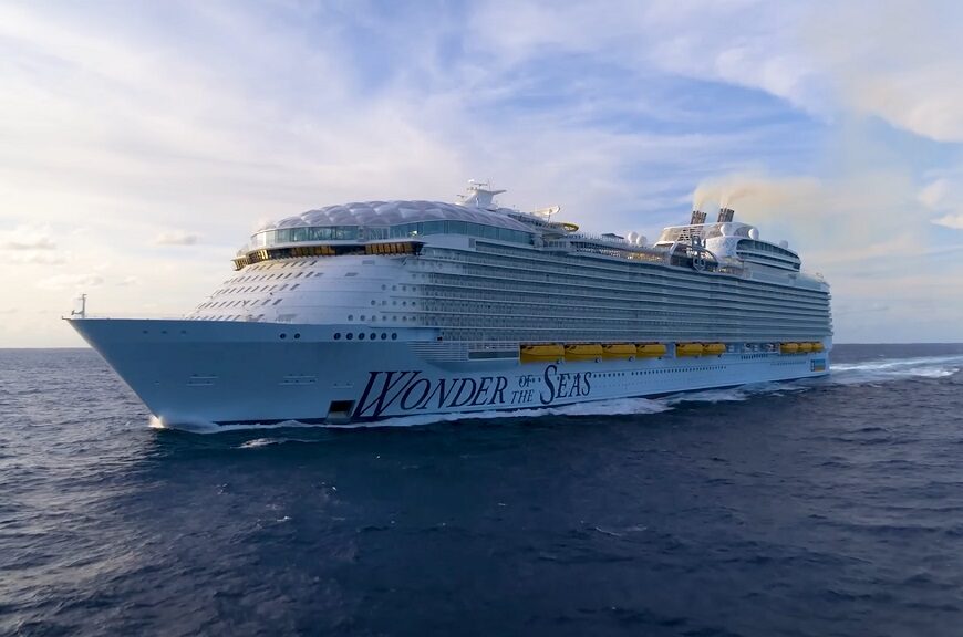 Aerial drone view of wonder of the seas cruise ship