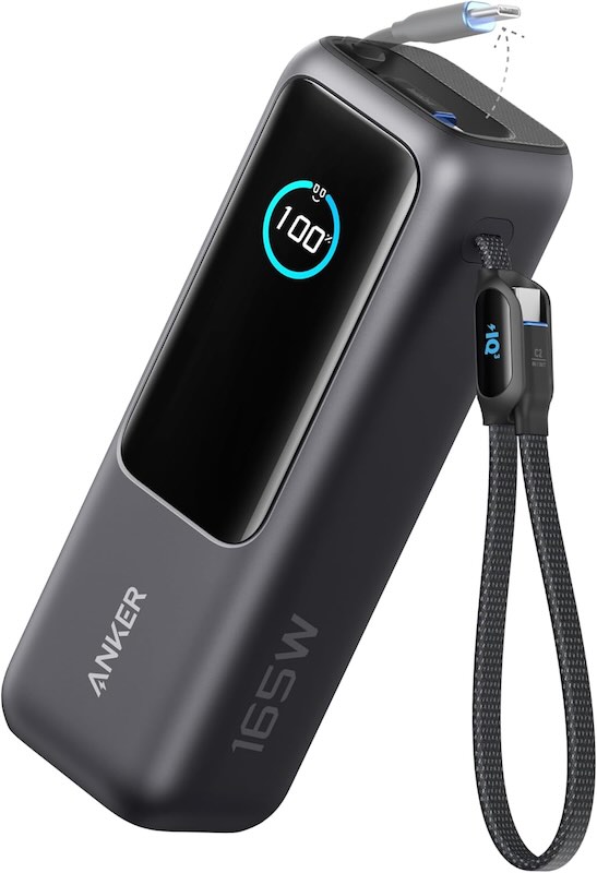 Anker Laptop Power Bank, 25,000mAh Portable Charger with Triple 100W USB-C Ports, Built-in and Retractable Cables, for iPhone 16/15 Series, MacBook, Samsung