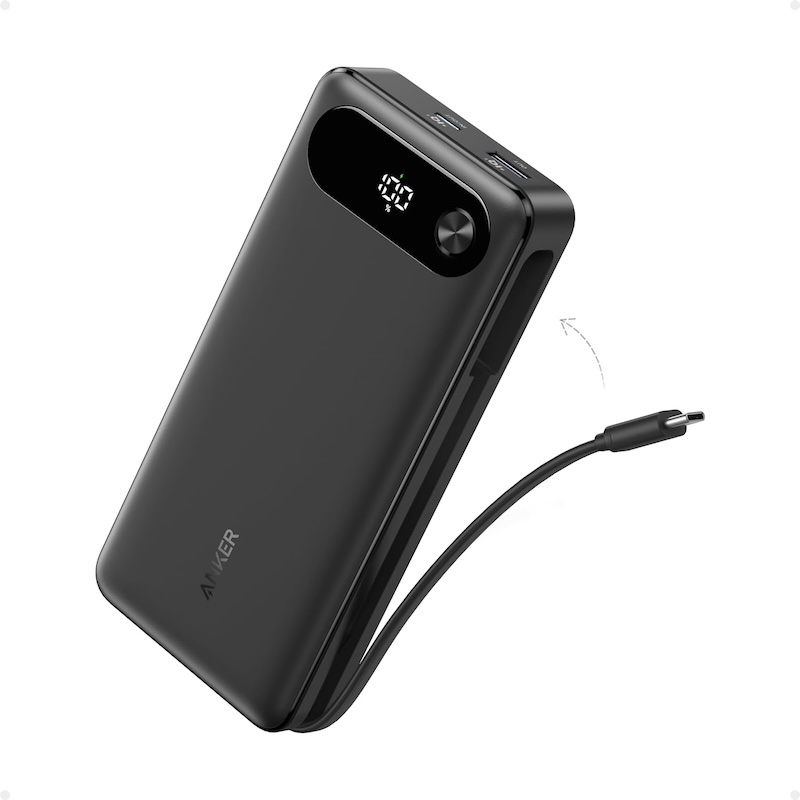 Anker Power Bank, 20,000mAh Travel Essential Portable Charger with Built-in USB-C Cable, 3-Port 87W Max Fast Charging Battery Pack, for MacBook, iPhone 16/15 Series, Samsung, Switch