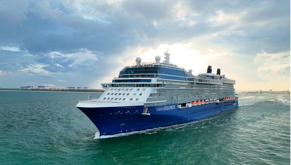 Aerial drone view of Celebrity Equinox cruise ship while sailing on the sea