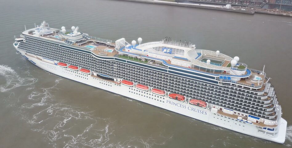 Aerial drone view of the Princess Regal Princess cruise ship exterior