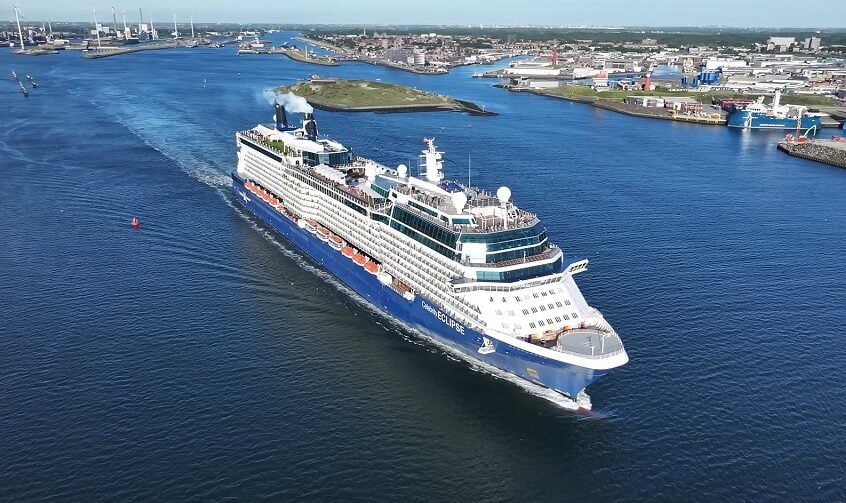 Aerial drone view of the Celebrity Eclipse while sailing on the sea