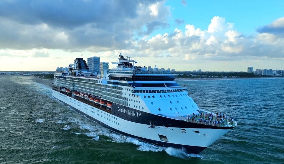 Aerial drone view of the Celebrity Infinity departing the port. Everglades