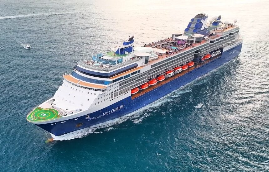 Aerial drone view of celebrity millennium while sailing on the sea