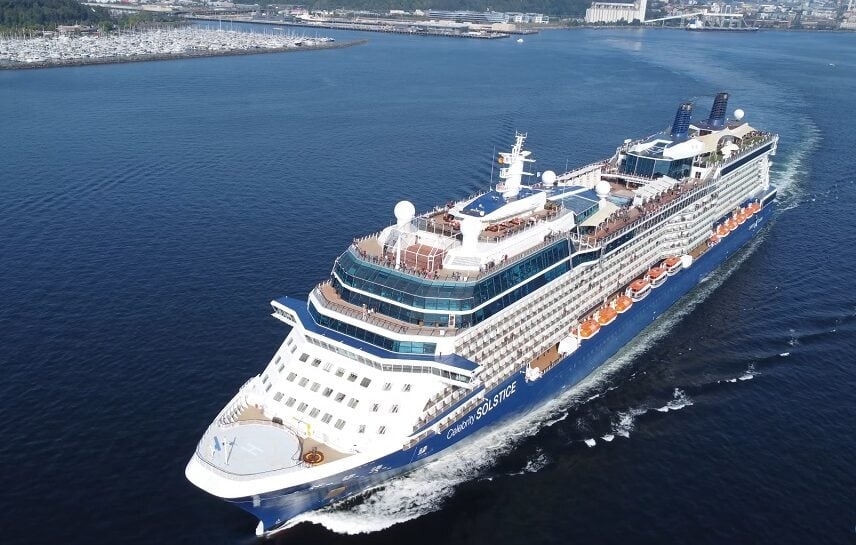 Aerial drone view of celebrity solstice while sailing on the sea