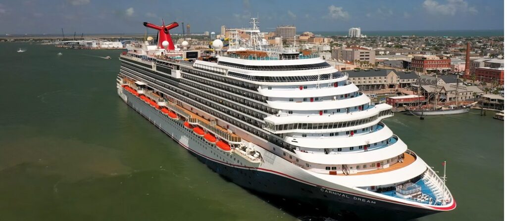 Aerial drone view of Carnival Dream cruising at sea