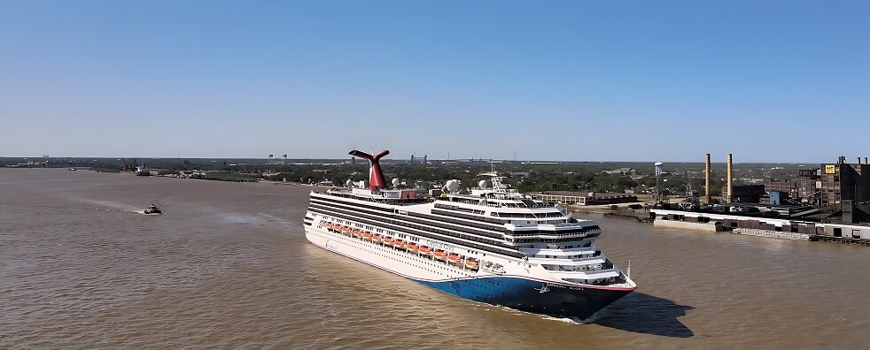 Aerial drone view of Carnival Glory cruising at sea