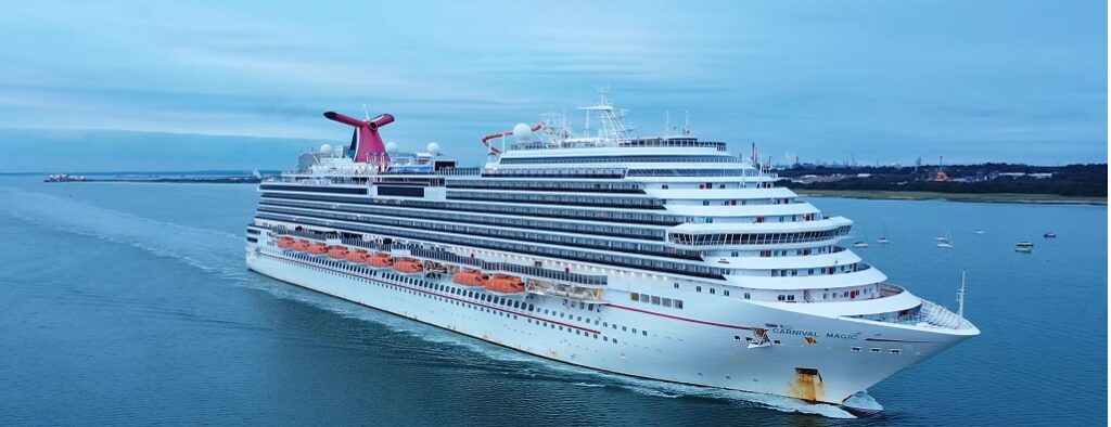Aerial drone view of Carnival Magic cruising at sea