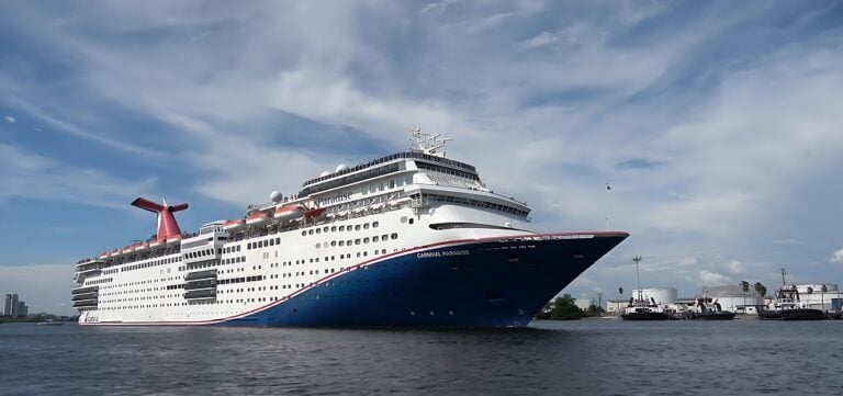 Carnival Paradise Review: Aerial drone view of Carnival Paradise cruising at sea