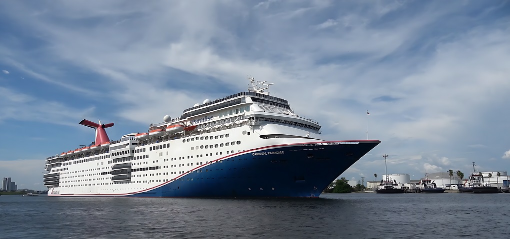 Aerial drone view of Carnival Paradise cruising at sea