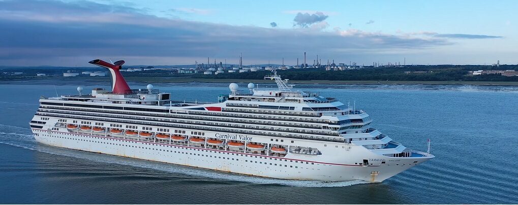 Aerial drone view of Carnival Valor cruising at sea