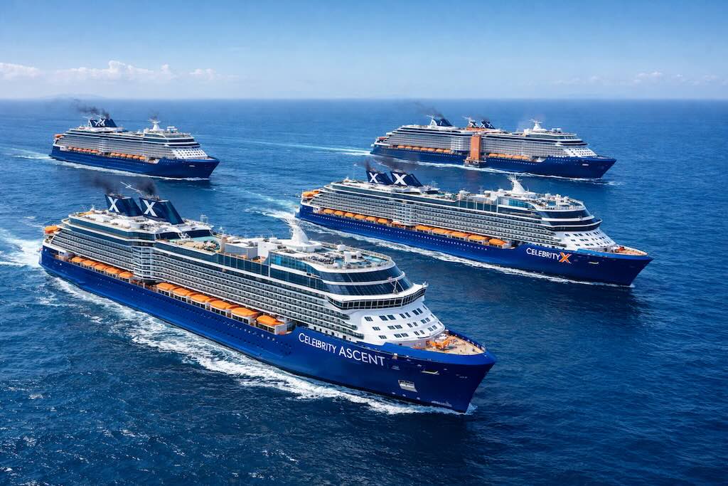 Four Celebrity Cruises ships sailing in formation on open ocean