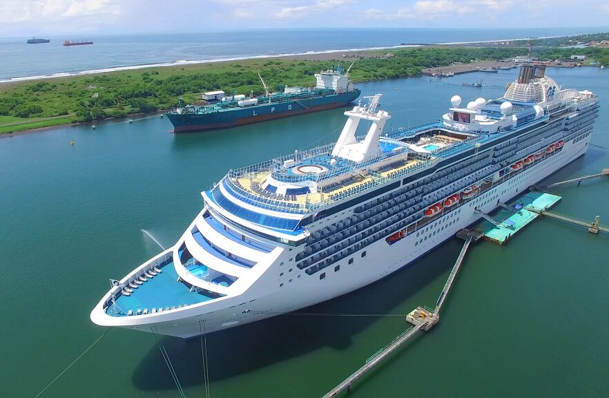 Aerial drone footage of princess island princess cruise ship exterior footage