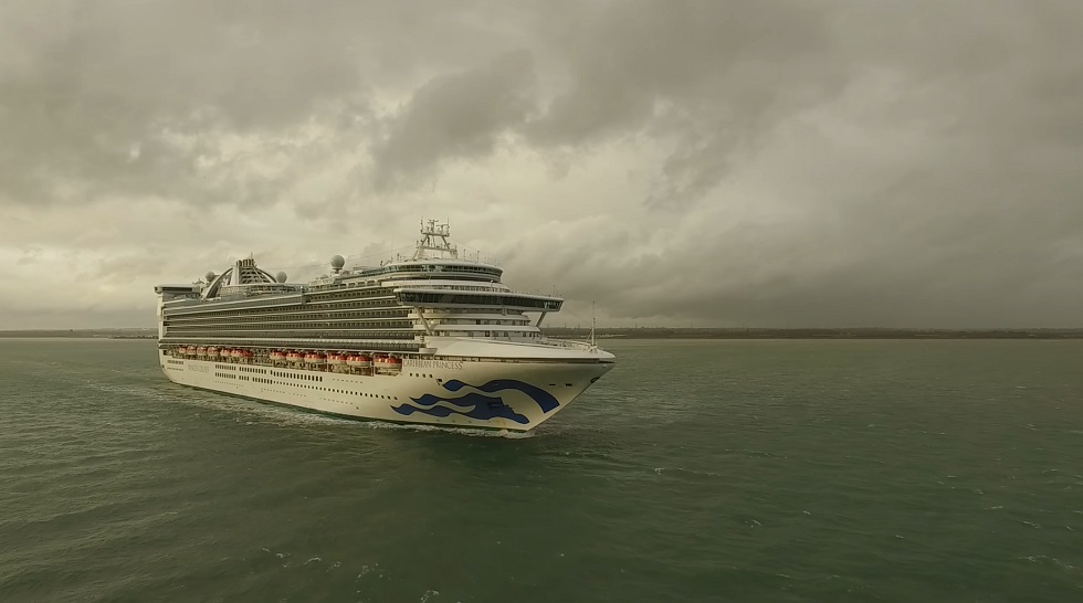 Aerial drone footage of princess caribbean princess cruise ship exterior