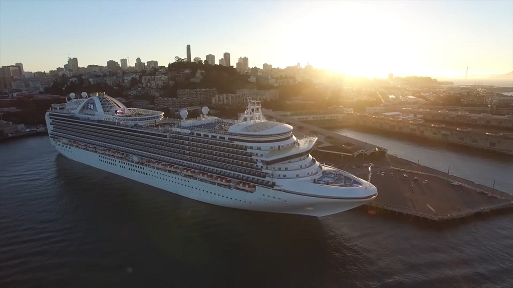 Aerial drone footage of the Princess Crown Princess cruise ship exterior