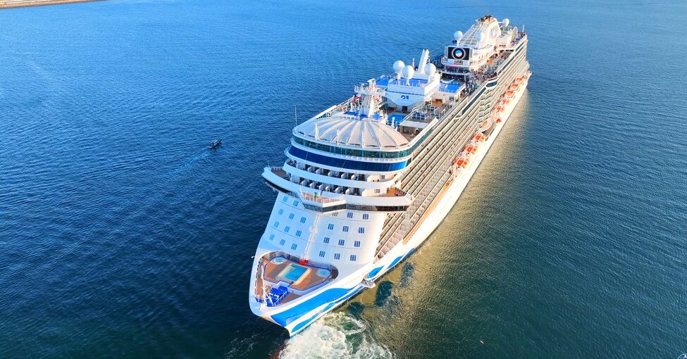 Aerial drone footage of the princess's discovery princess cruise ship exterior