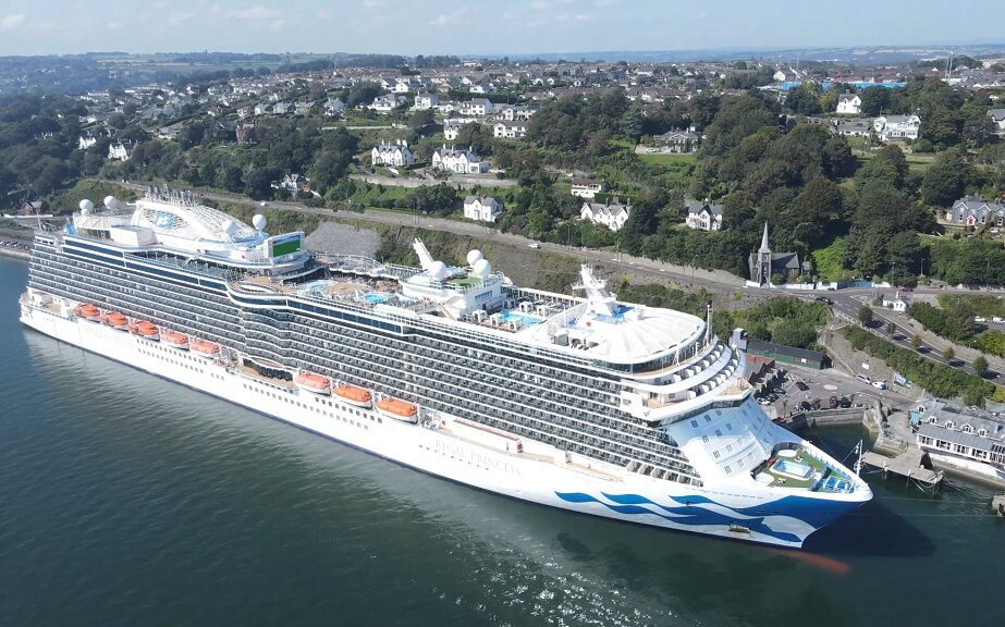 Aerial drone footage of the Princess Regal Princess cruise ship exterior