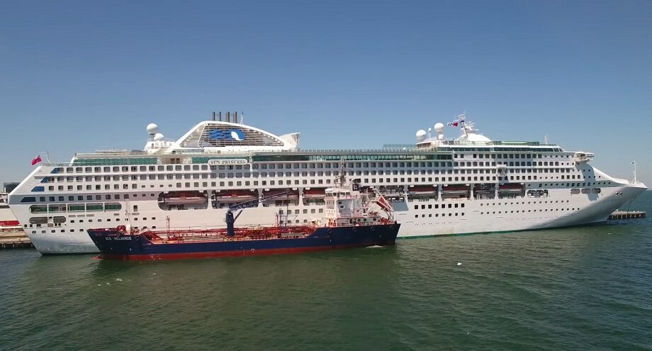 Aerial drone footage of princess sun princess cruise ship exterior