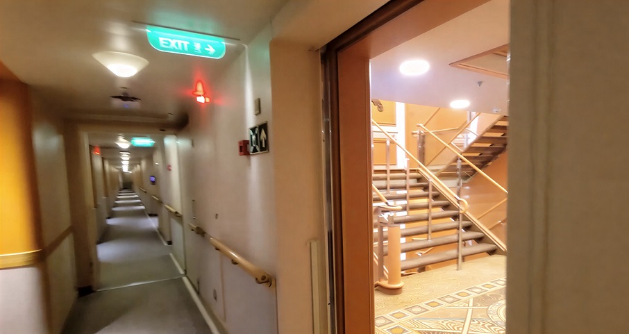 Ruby Princess cabins corridor near crew stairwell and service area forward corridor