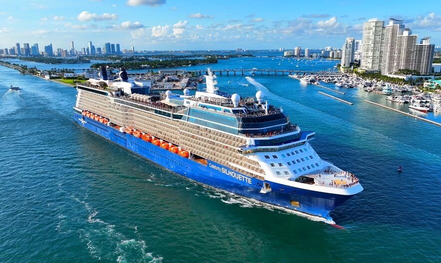 Aerial drone view of celebrity silhouette sailing on the sea