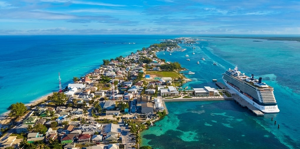 Cruise Ports That Get Canceled the Most: Aerial drone view of Bimini Bahamas cruise port