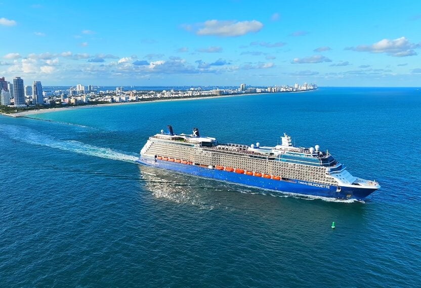 Celebrity Silhouette Review: Aerial drone view of Celebrity Silhouette Departing Port of Miami