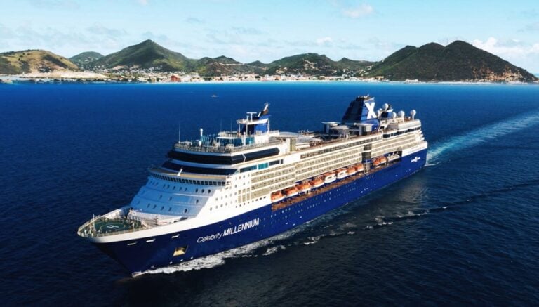 celebrity millennium review: Aerial drone view of celebrity Millennium sailing at sea