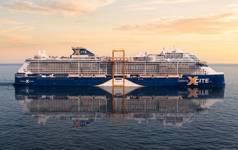 Celebrity Xcite review: Celebrity XCITE cruise ship's advanced high-resolution 3D rendering at sunset