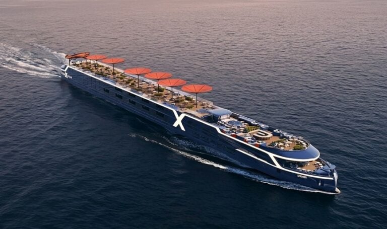 celebrity seeker review: n architectural rendering of a futuristic river cruise ship concept
