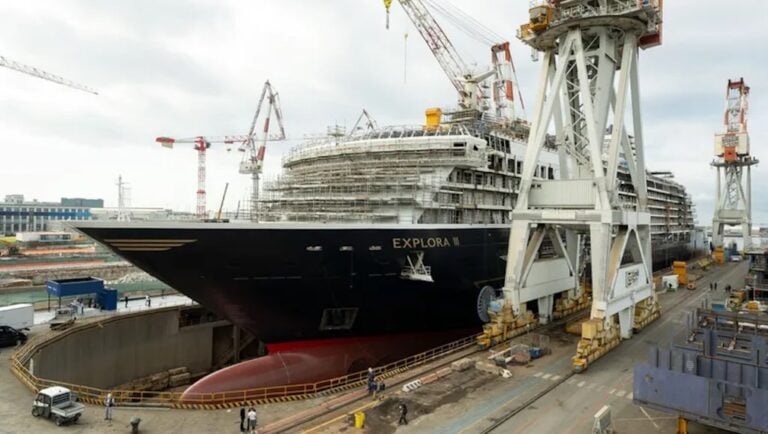 Explora III review image showing cruise ship under construction in shipyard