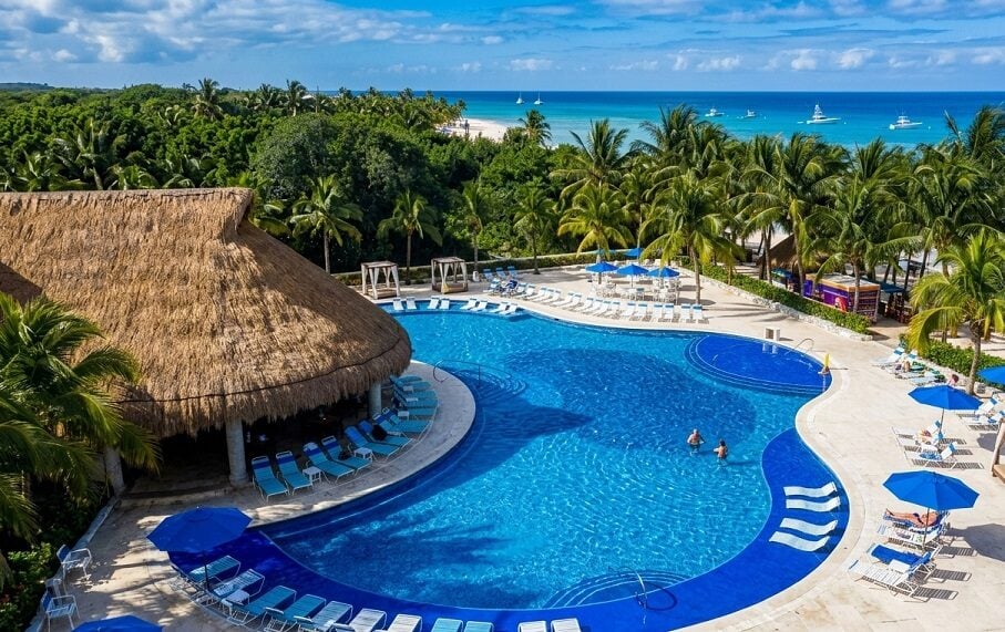 Cozumel Mexico Cruises: Aerial drone view of Cozumel resort at cozumel mexico cruise port