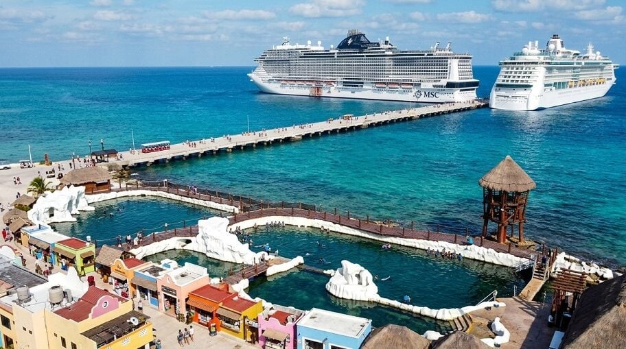 Costa Maya Mexico Cruises: Aerial drone view of Dolphin Discovery pool at Costa Maya Mexico Cruise port