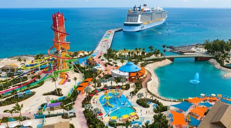 Cruise Line Private Islands in the Bahamas: Aerial drone view of private island perfect day at cococay