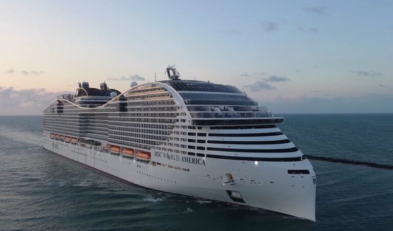 MSC World America Cruise Ship - Aerial drone view of MSC World America Cruise Ship
