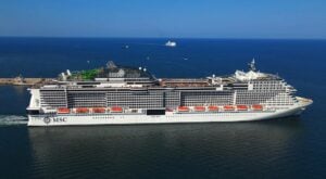 MSC Grandiosa - Aerial drone view of MSC Grandiosa cruise ship