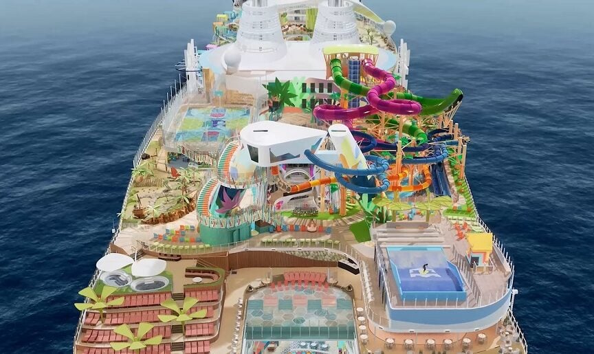 Icon of the seas cost to build - Icon of the seas waterslides flowrider and pool area top view