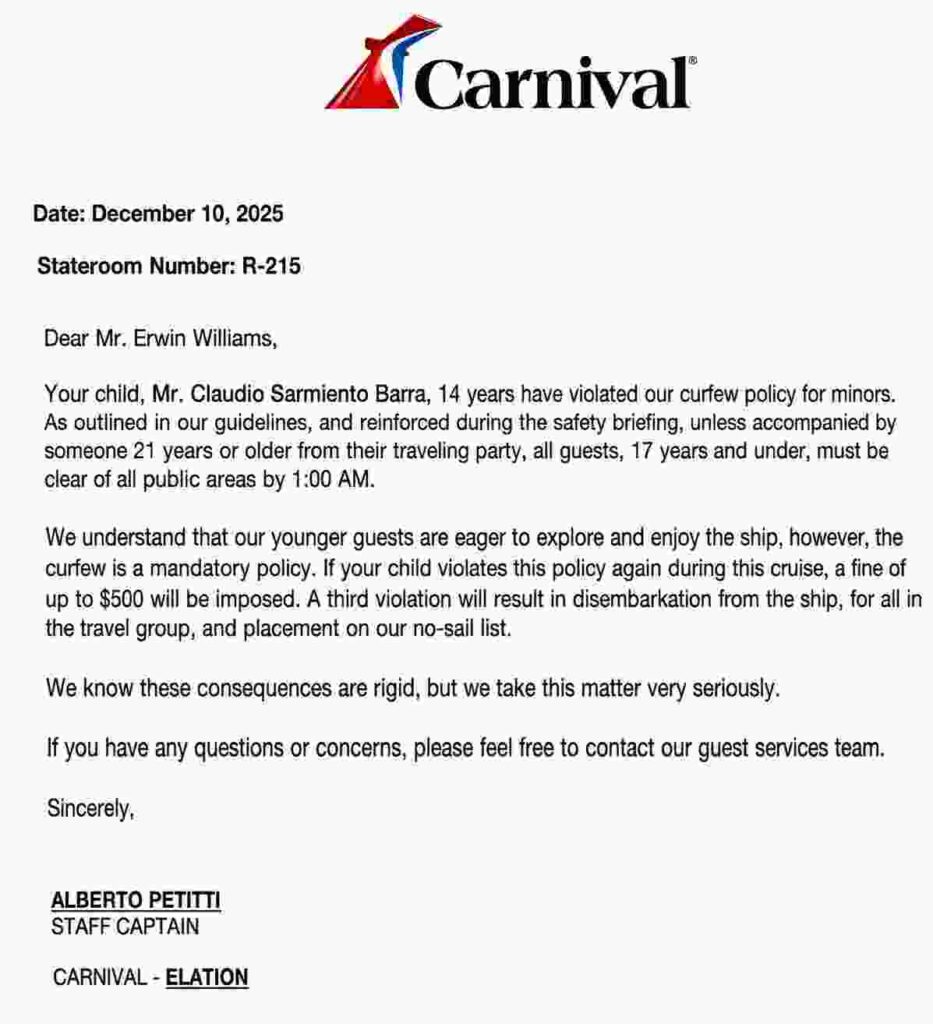 Carnival Elation Carnival Cruise Rules 2026 Letter