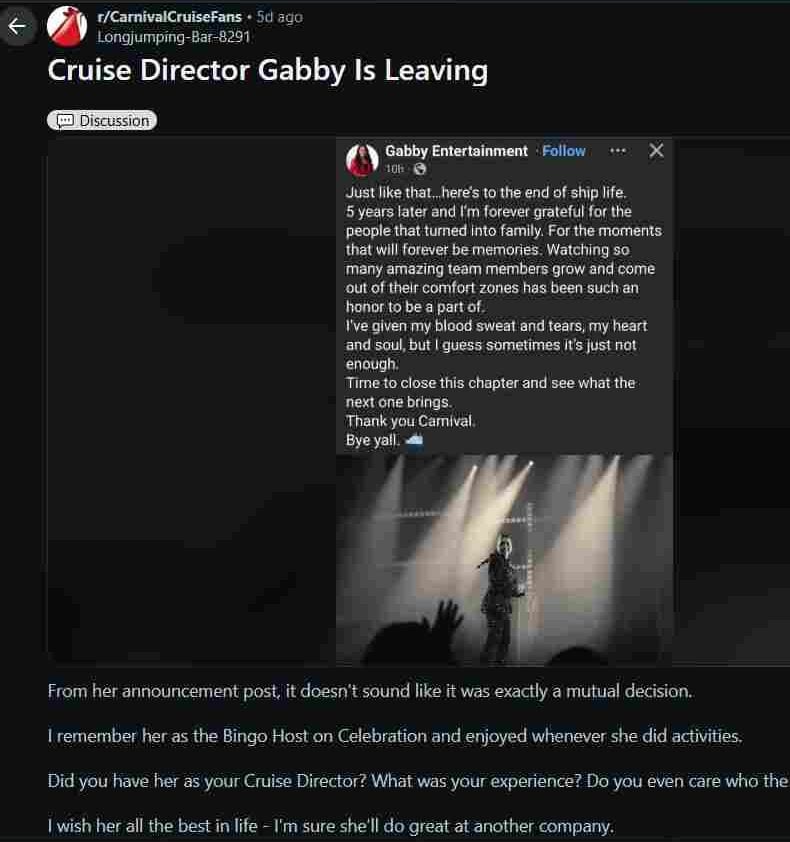 Gabby Gamboa, Carnival Cruise Director, departure