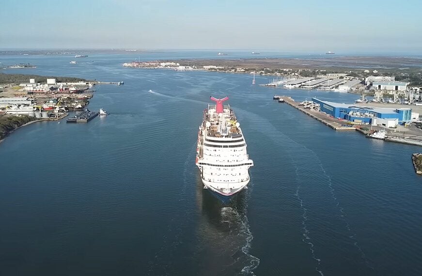 Aerial drone view of Port Galveston - Port Galveston cruise parking